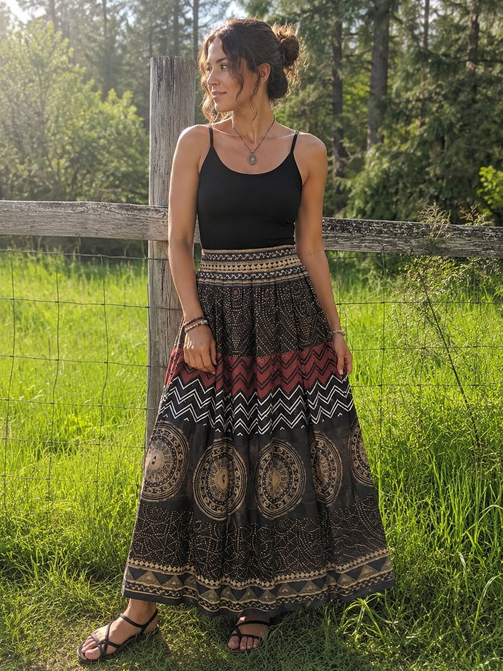 Bohemian Black & Rust Printed Maxi Skirt